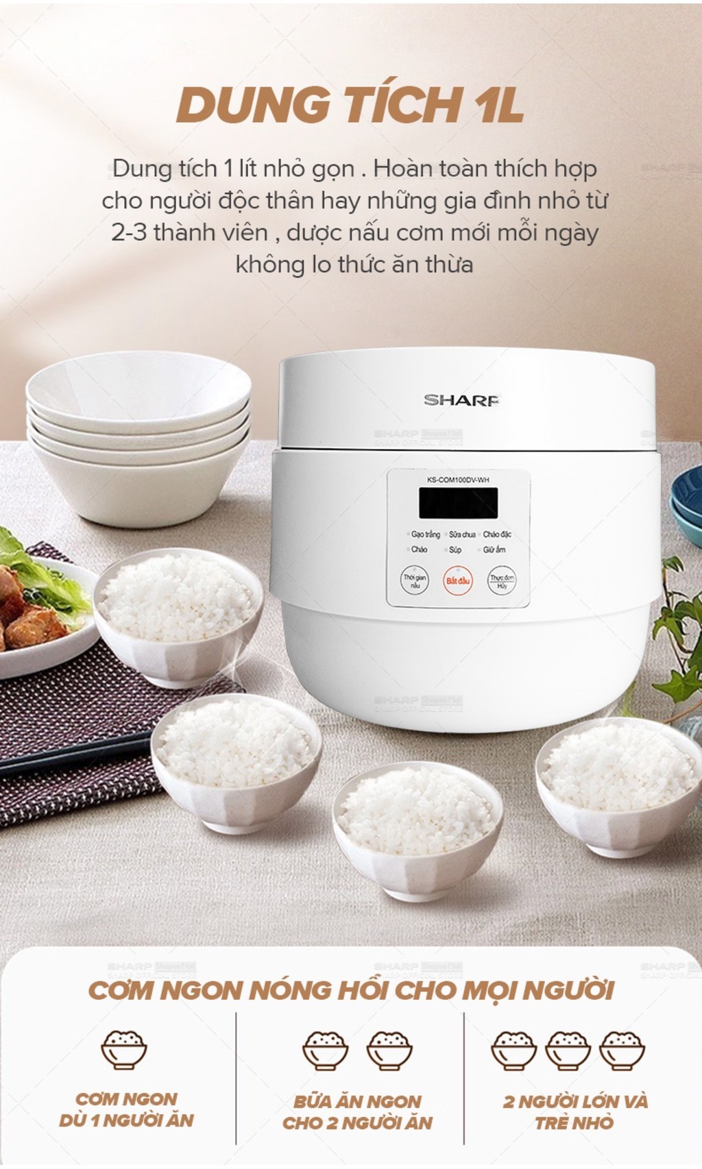 Mô tả Nồi Cơm Điện Sharp KS-COM100DV-WH 1L 600W [Hẹn giờ, mâm nhiệt 3D, 6 chức năng nấu - 7