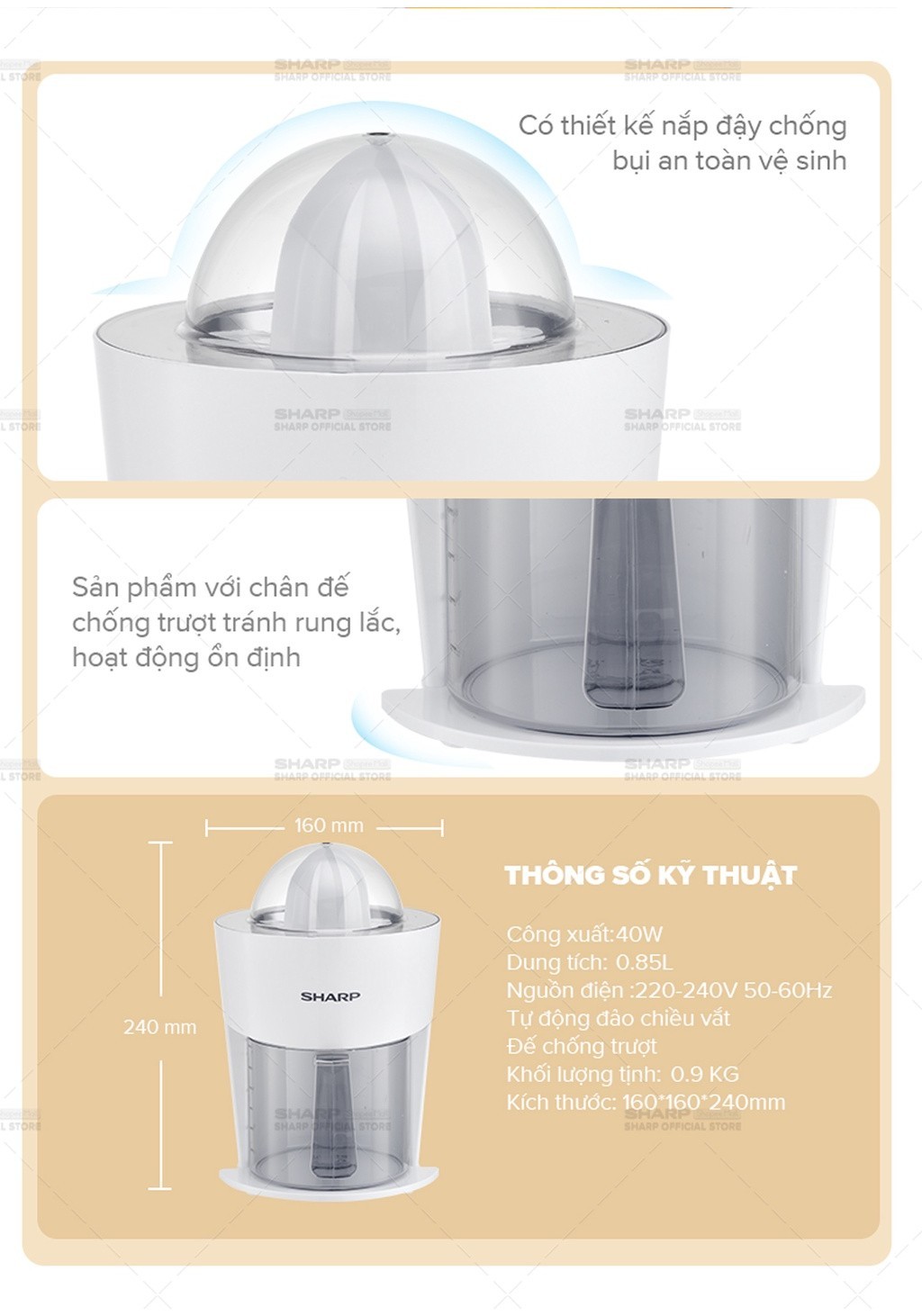 Mô tả Máy Vắt Cam Sharp EJ-J408-WH [Máy Vắt Êm Lưới Lọc Bằng Thép Không Gỉ] - BH 12 Tháng - 4