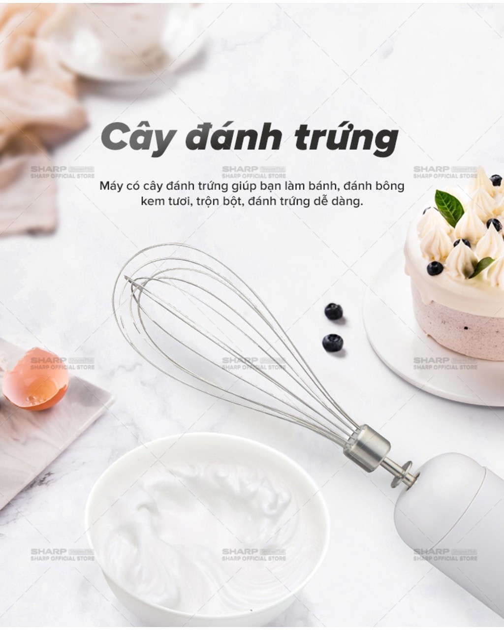 Mô tả Máy Xay Cầm Tay Sharp EM-H076SV-WH 0.7L Kèm Cây Đánh Trứng [600W] BH 12 Tháng - 1