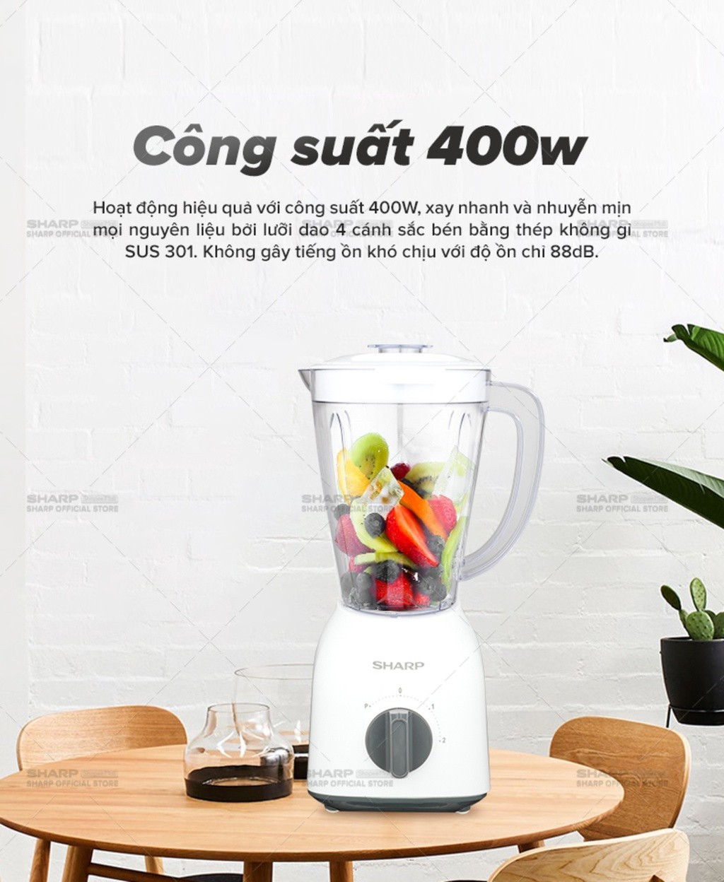 Mô tả Máy Xay Sinh Tố Sharp EM-S154PV-WH 1.5L [Công suất: 400W, 2 Tốc Độ Xay] BH 12 Tháng - 2