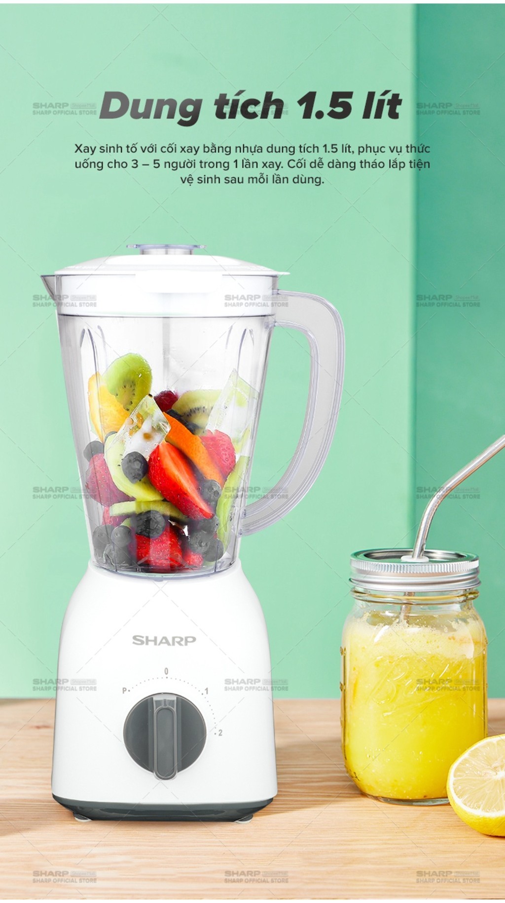Mô tả Máy Xay Sinh Tố Sharp EM-S154PV-WH 1.5L [Công suất: 400W, 2 Tốc Độ Xay] BH 12 Tháng - 3