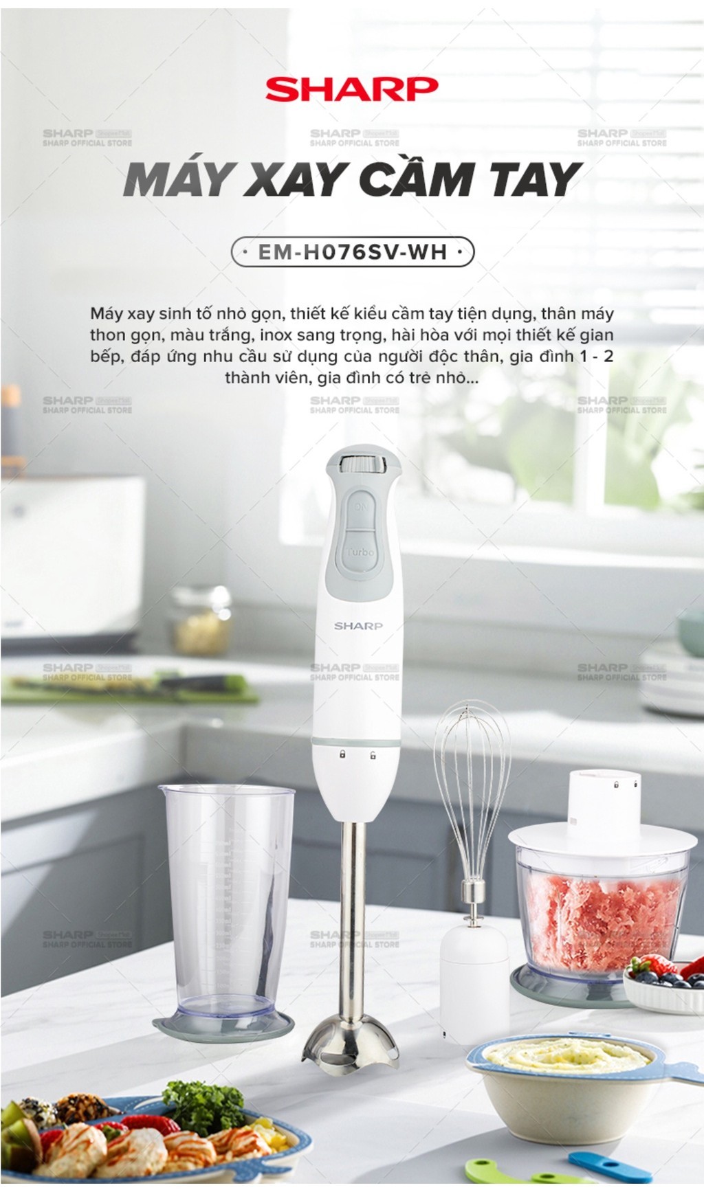 Mô tả Máy Xay Cầm Tay Sharp EM-H076SV-WH 0.7L Kèm Cây Đánh Trứng [600W] BH 12 Tháng - 4