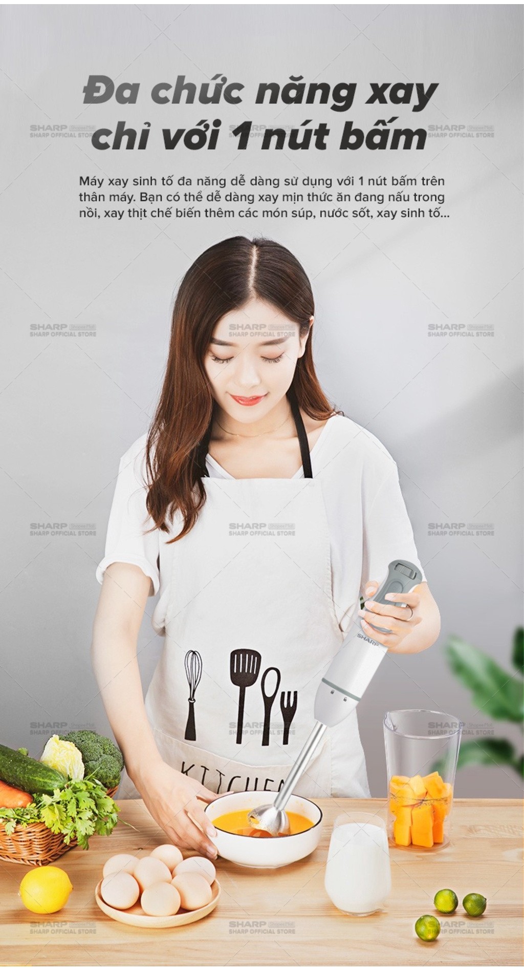 Mô tả Máy Xay Cầm Tay Sharp EM-H076SV-WH 0.7L Kèm Cây Đánh Trứng [600W] BH 12 Tháng - 6