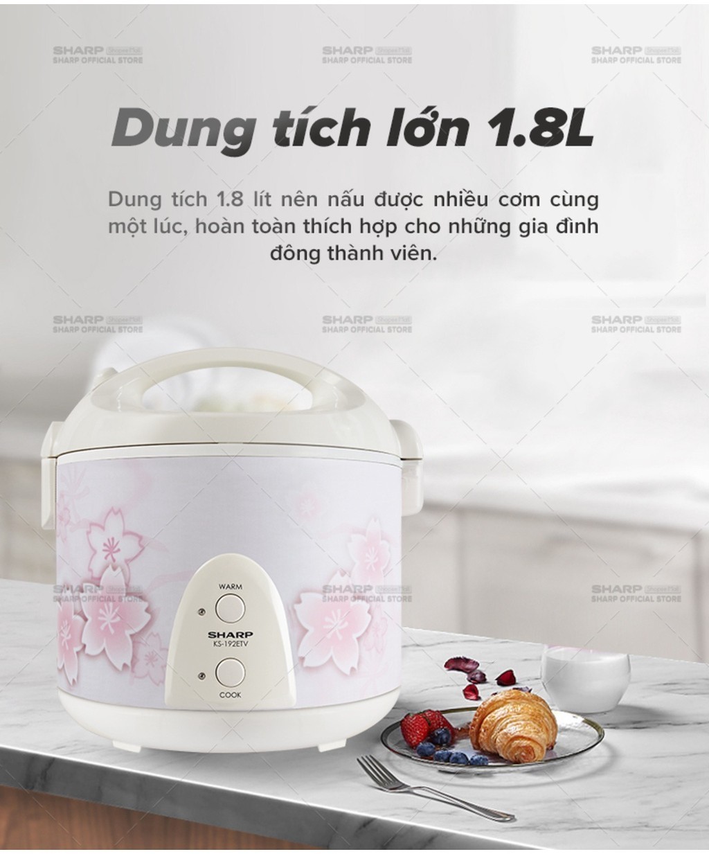 Mô tả Nồi Cơm Điện Nắp Liền Sharp KS-N192ETV"SP" 1.8L, SX Thailand [ Lòng Nhôm Chống Dính] - 2