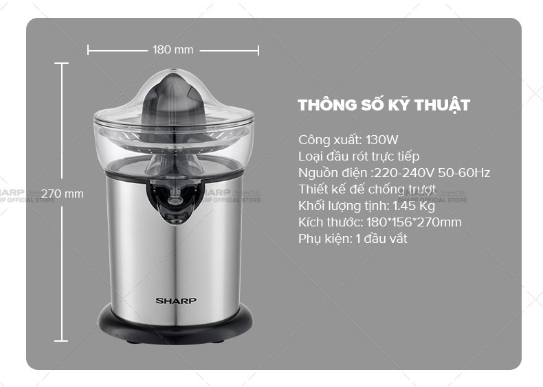 Mô tả Máy Vắt Cam Sharp EJ-J130-ST Đầu Rót Trực Tiếp - Hàng Chính Hãng Bảo Hành 12 Tháng - 7
