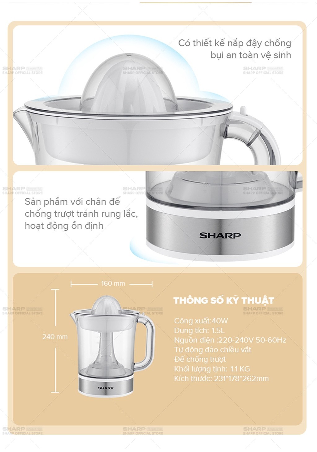 Mô tả Máy Vắt Cam Sharp EJ-J415-WH Dung Tích 1.5L ( Màu Trắng) - 5
