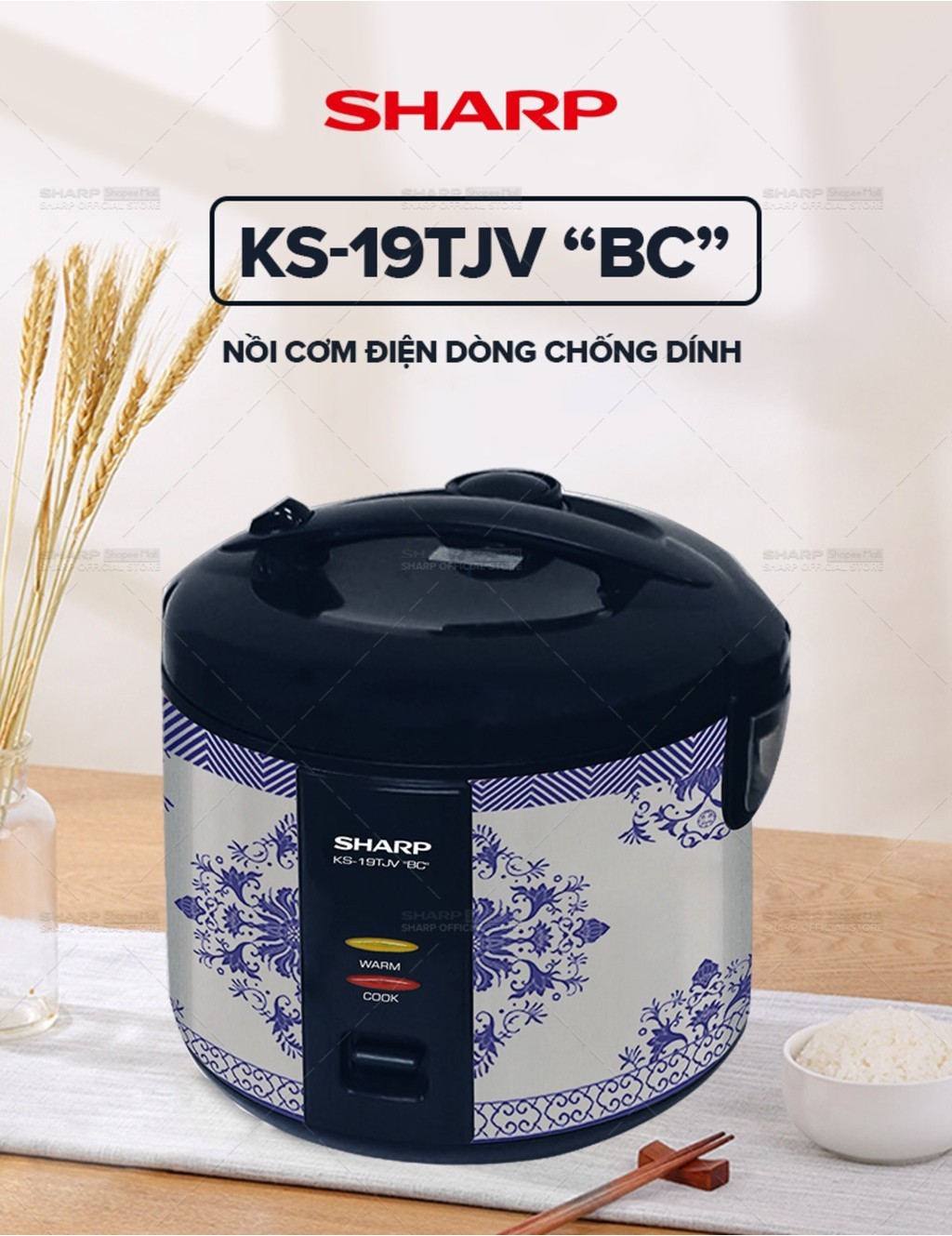 Mô tả Nồi Cơm Điện Nắp Gài Sharp KS-19TJV "BC" [Lòng Nhôm Chống Dính] - BH 12 Tháng - 1