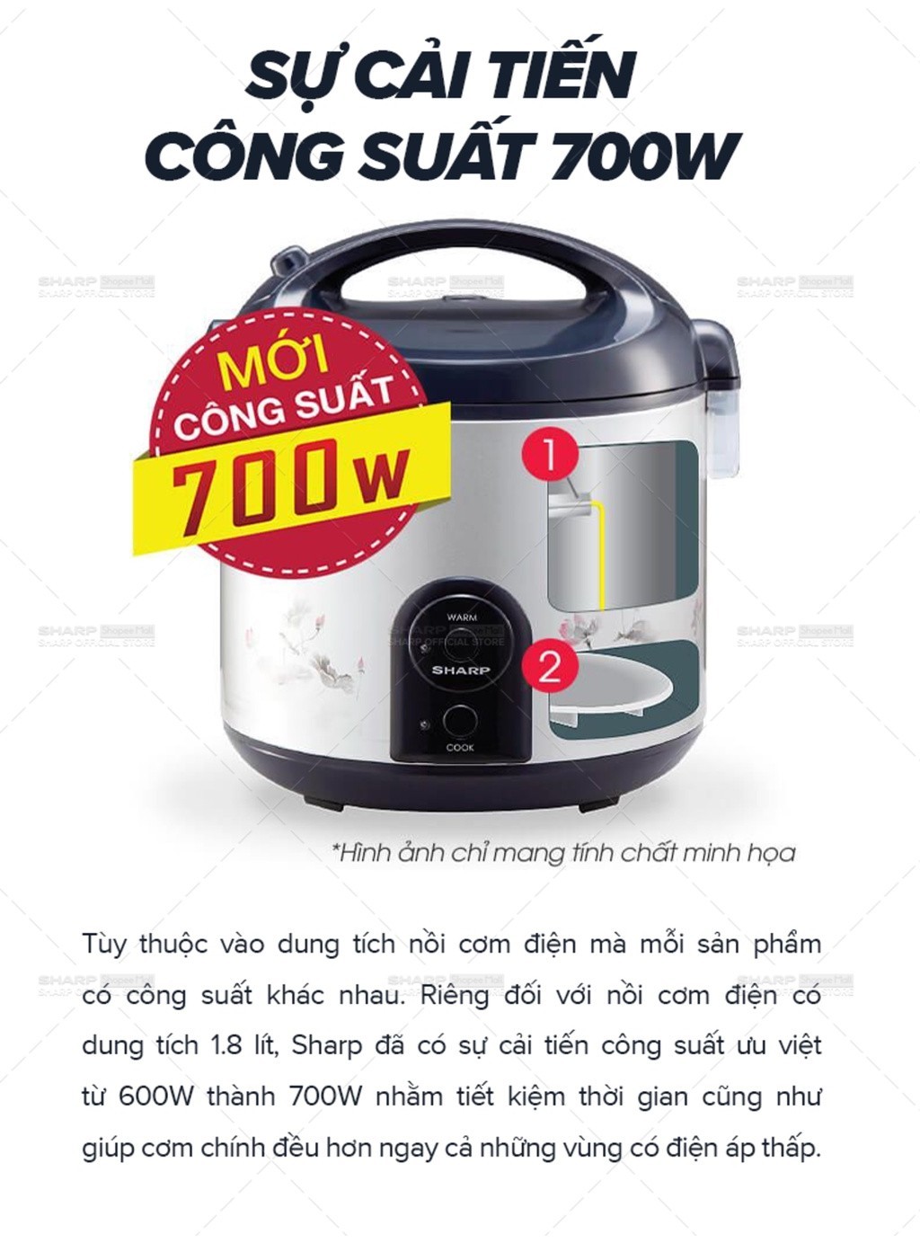 Mô tả Nồi Cơm Điện Nắp Gài Sharp KS-19TJV "BC" [Lòng Nhôm Chống Dính] - BH 12 Tháng - 2