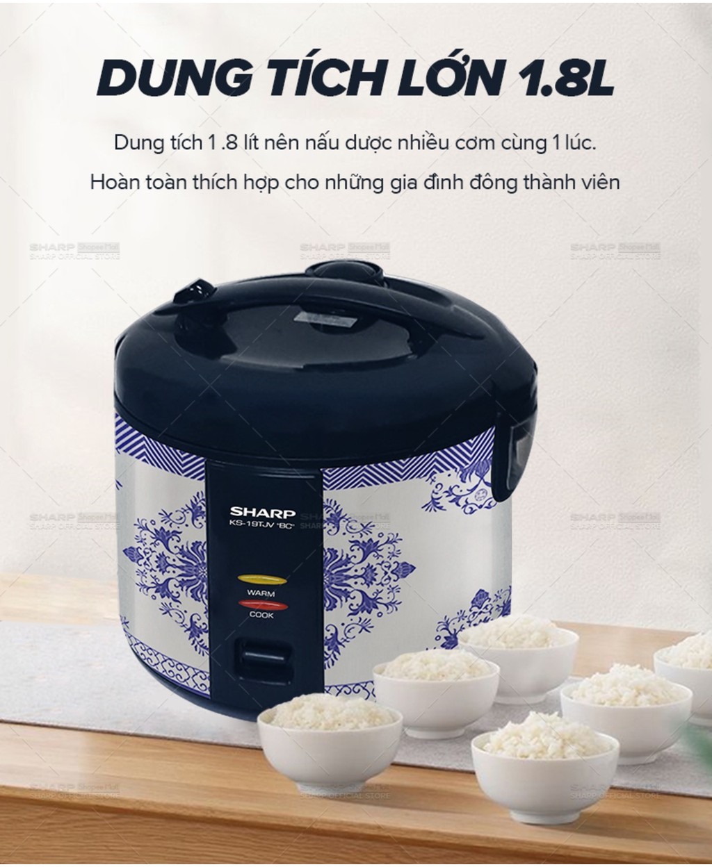 Mô tả Nồi Cơm Điện Nắp Gài Sharp KS-19TJV "BC" [Lòng Nhôm Chống Dính] - BH 12 Tháng - 3