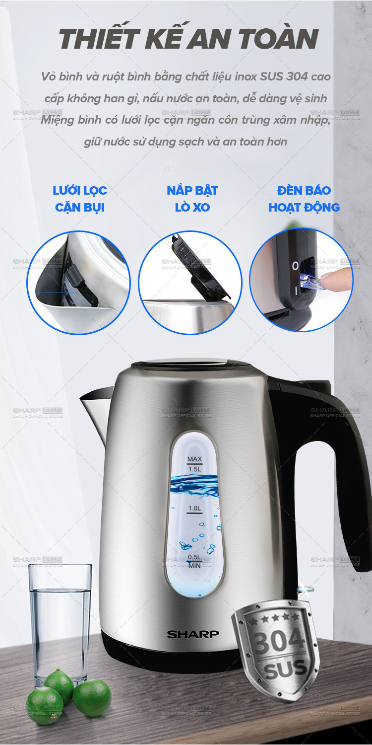Mô tả Bình Đun Siêu Tốc 1.5 Lít SHARP EKJ-15EVS-ST Vạch báo nước, Cảm biến nhiệt FADA - 4