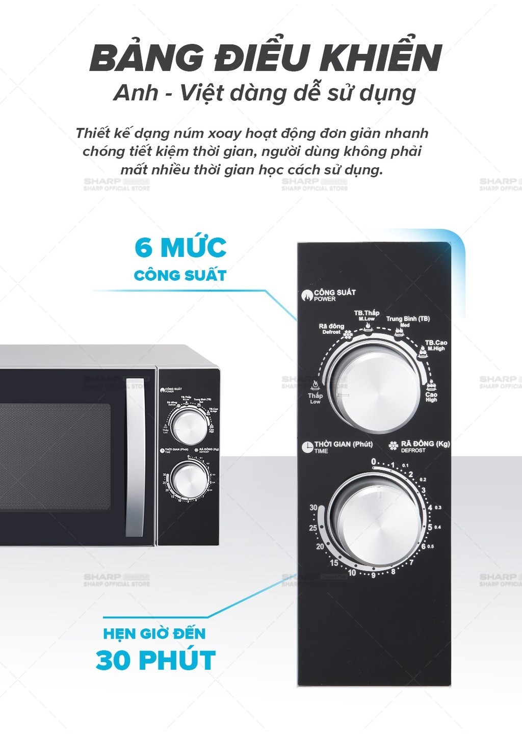 Mô tả Lò Vi Sóng Cơ Sharp R-31A2VN-S 23L, [ Công Suất 900W, 6 Mức Công Suất,Hẹn Giờ 30'] - 3