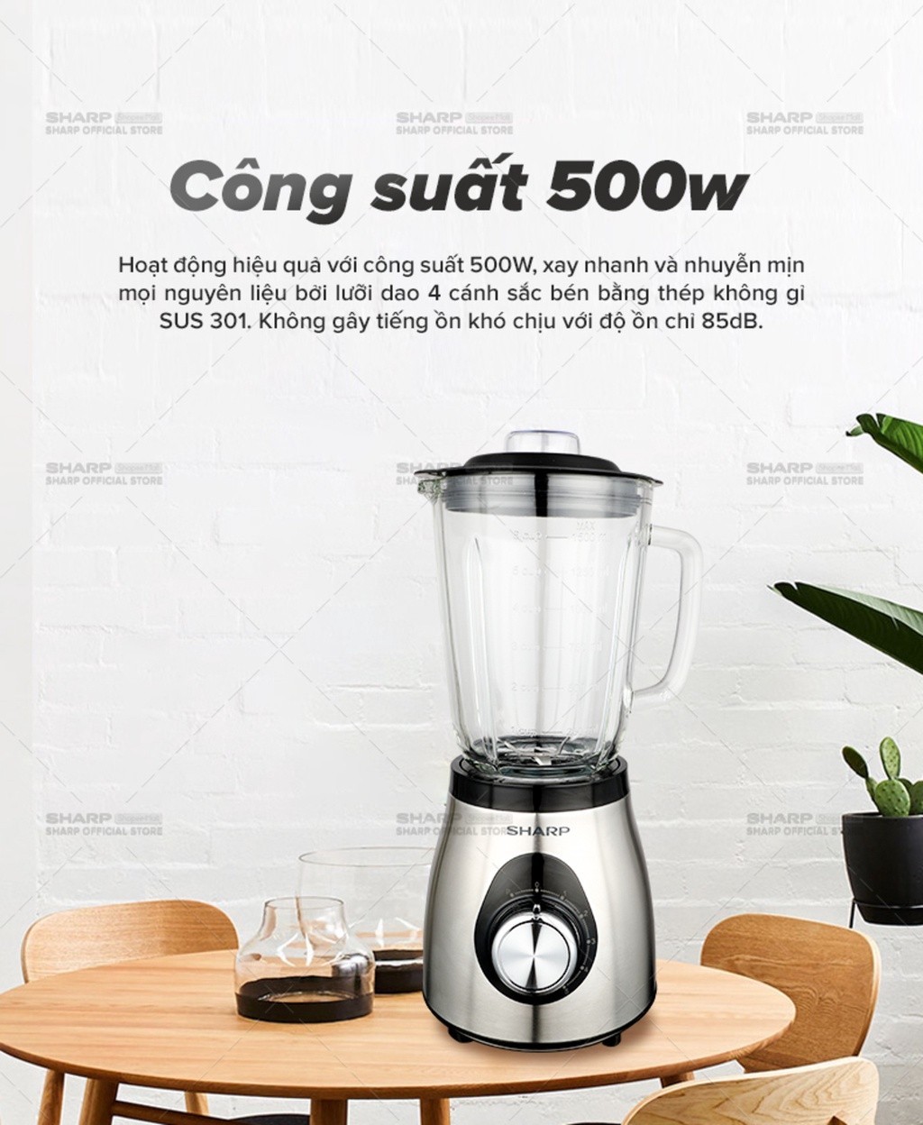 Mô tả Máy Xay Sinh Tố Sharp EM-S155GV-ST 1.5L Cối Thủy Tinh [500W, 5 Tốc Độ] - BH 12T - 1