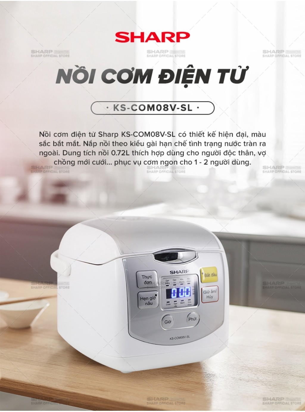 Mô tả Nồi Cơm Điện Tử Sharp KS-COM08V-SL 0.72 Lít 450W [Cỡ Nhỏ, Mâm nhiệt 2D] - 3