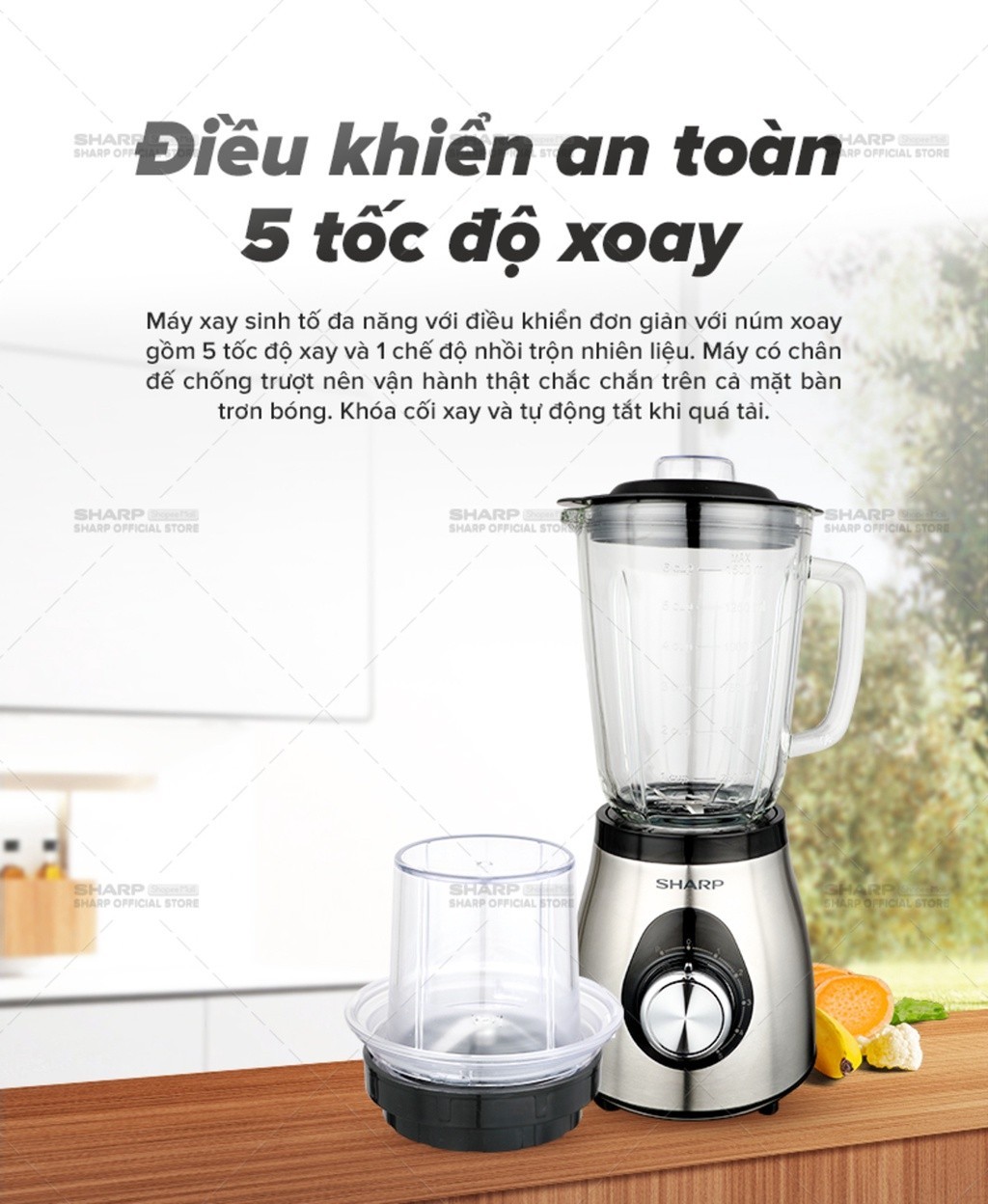 Mô tả Máy Xay Sinh Tố Sharp EM-S155GV-ST 1.5L Cối Thủy Tinh [500W, 5 Tốc Độ] - BH 12T - 4