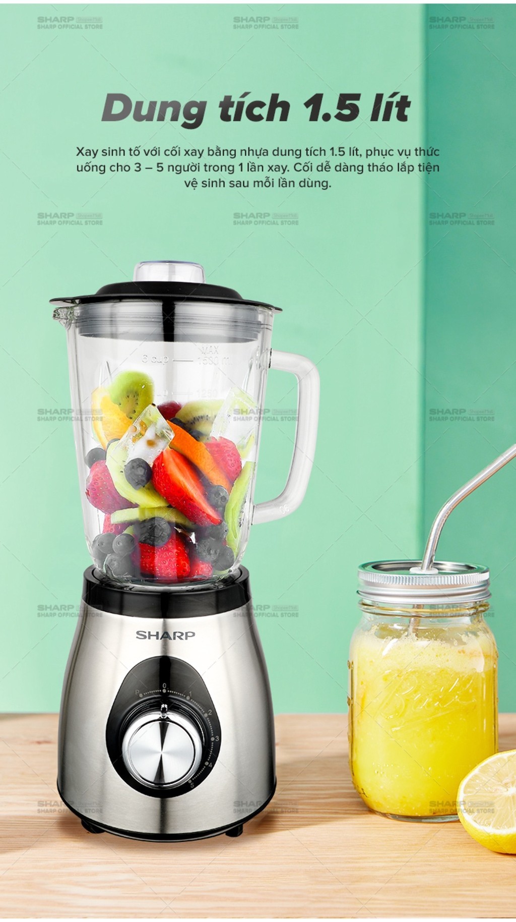 Mô tả Máy Xay Sinh Tố Sharp EM-S155GV-ST 1.5L Cối Thủy Tinh [500W, 5 Tốc Độ] - BH 12T - 5
