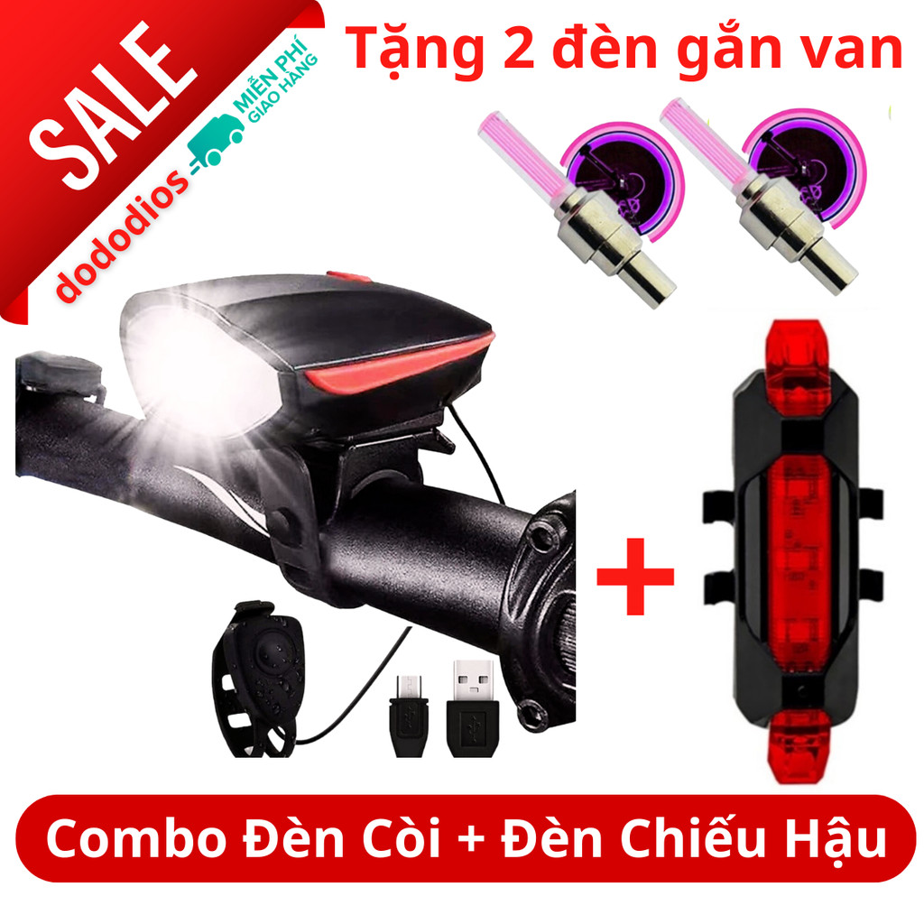 Mô tả Combo Đèn Xe Đạp Thể Thao Siêu Sáng Có Còi Pin Sạc Chống Nước + Đèn Chiếu Hậu Cảnh Báo Mã 02 Tặng 2 Đèn Gắn Van Xe - 1