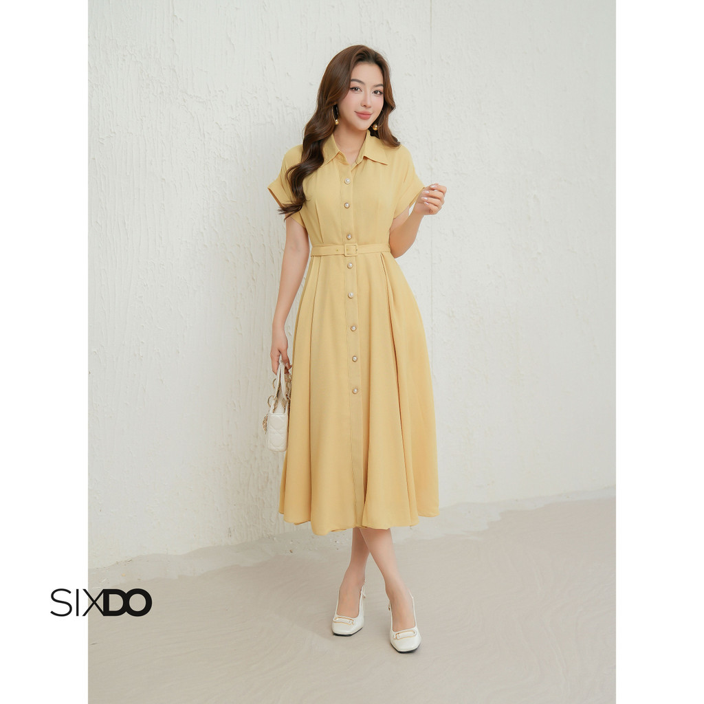 Mô tả Đầm vàng chanh dáng dài kèm đai SIXDO (Lime Woven Flared Dress) - 1
