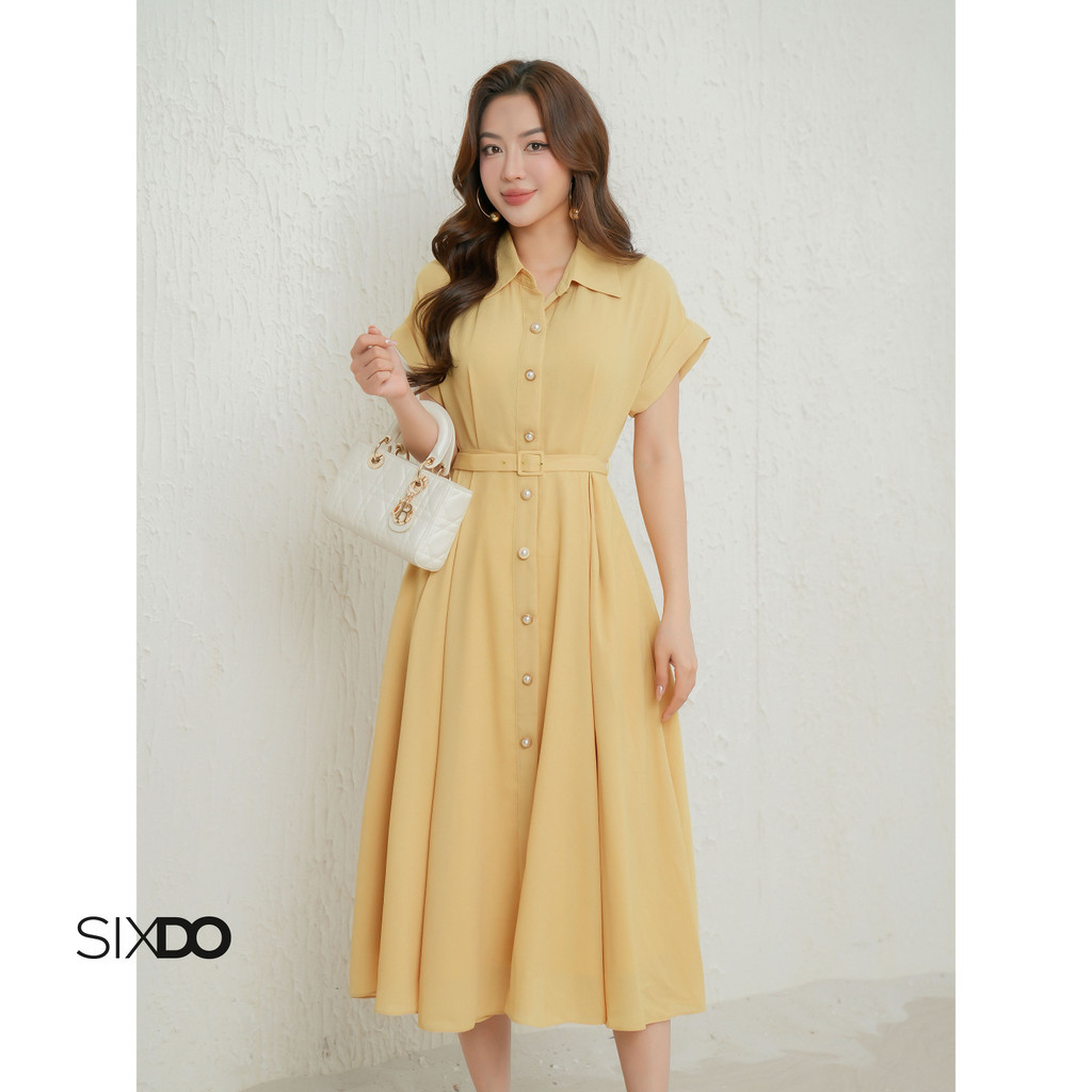 Mô tả Đầm vàng chanh dáng dài kèm đai SIXDO (Lime Woven Flared Dress) - 2