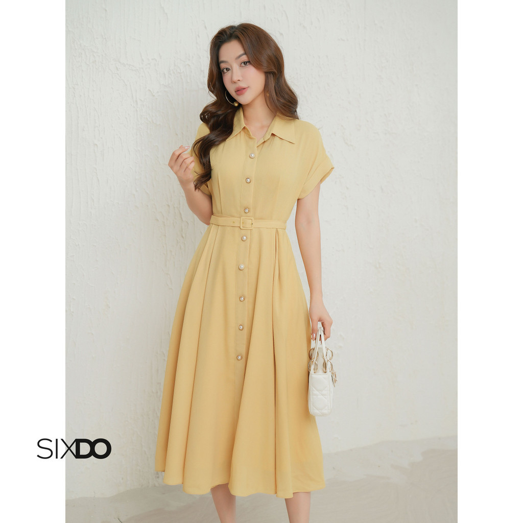 Mô tả Đầm vàng chanh dáng dài kèm đai SIXDO (Lime Woven Flared Dress) - 3