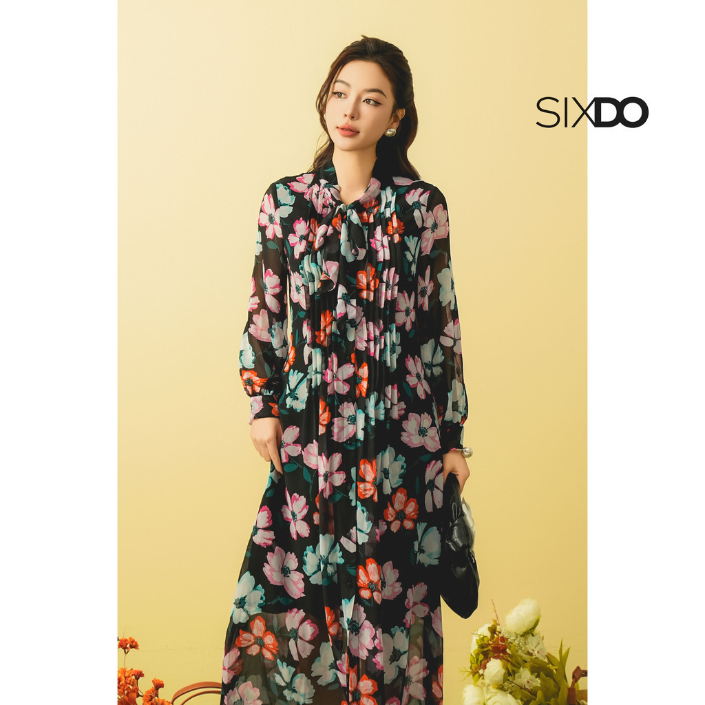 Mô tả Đầm suông hoa chiffon cổ thắt nơ SIXDO (Black Floral Chiffon Loose Dress) - 4