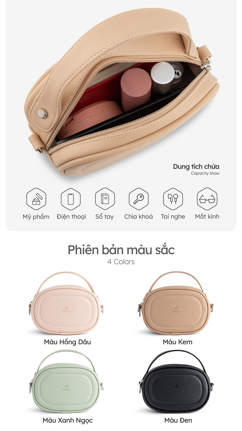 Mô tả Túi Yuumy (Thời trang nữ dáng tròn bầu viền chỉ size 20 - Túi đeo chéo da Seasand YN246) - 4