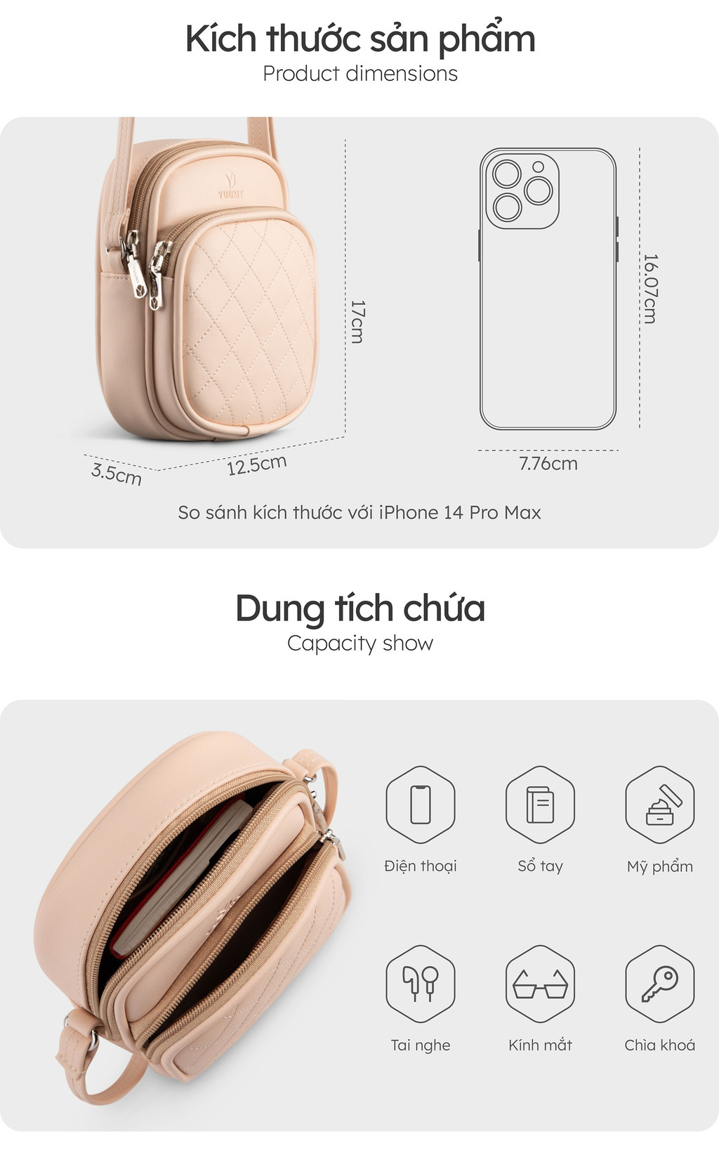 Mô tả Túi Yuumy (Thời trang nữ phối ngăn chần chỉ mini - Túi đeo chéo da 
Seasand YN202) - 3