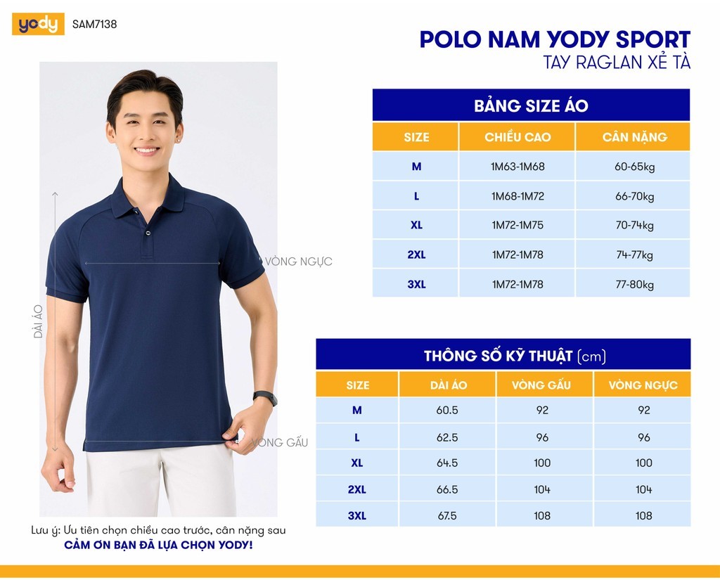 Mô tả Áo polo nam Yody sport áo thun có cổ áo thể thao, tay raglan, vải xốp nhẹ, thấm hút mồ hôi SAM7138 - 8