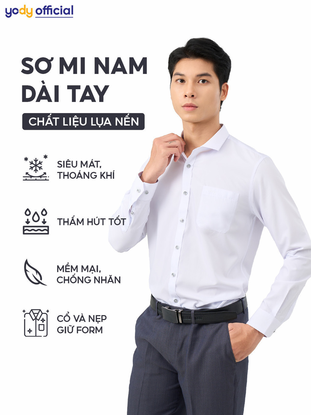 Mô tả Áo sơ mi nam YODY dài tay, có túi ngực, chất lụa nến mềm mịn, chống nhăn lịch lãm dáng slim fit SPM5005 - 1