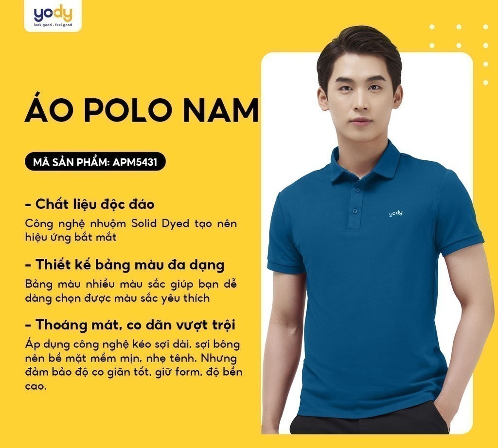 Mô tả Áo POLO nam cotton mềm mịn thoáng khí co giãn hạn chế nhăn nhàu thương hiệu Yody - APM7459 - 1