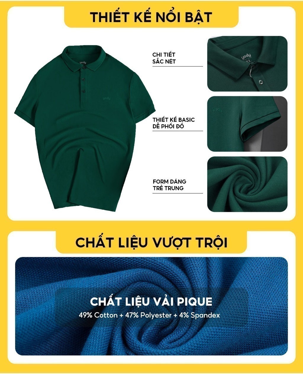 Mô tả Áo POLO nam cotton mềm mịn thoáng khí co giãn hạn chế nhăn nhàu thương hiệu Yody - APM7459 - 2