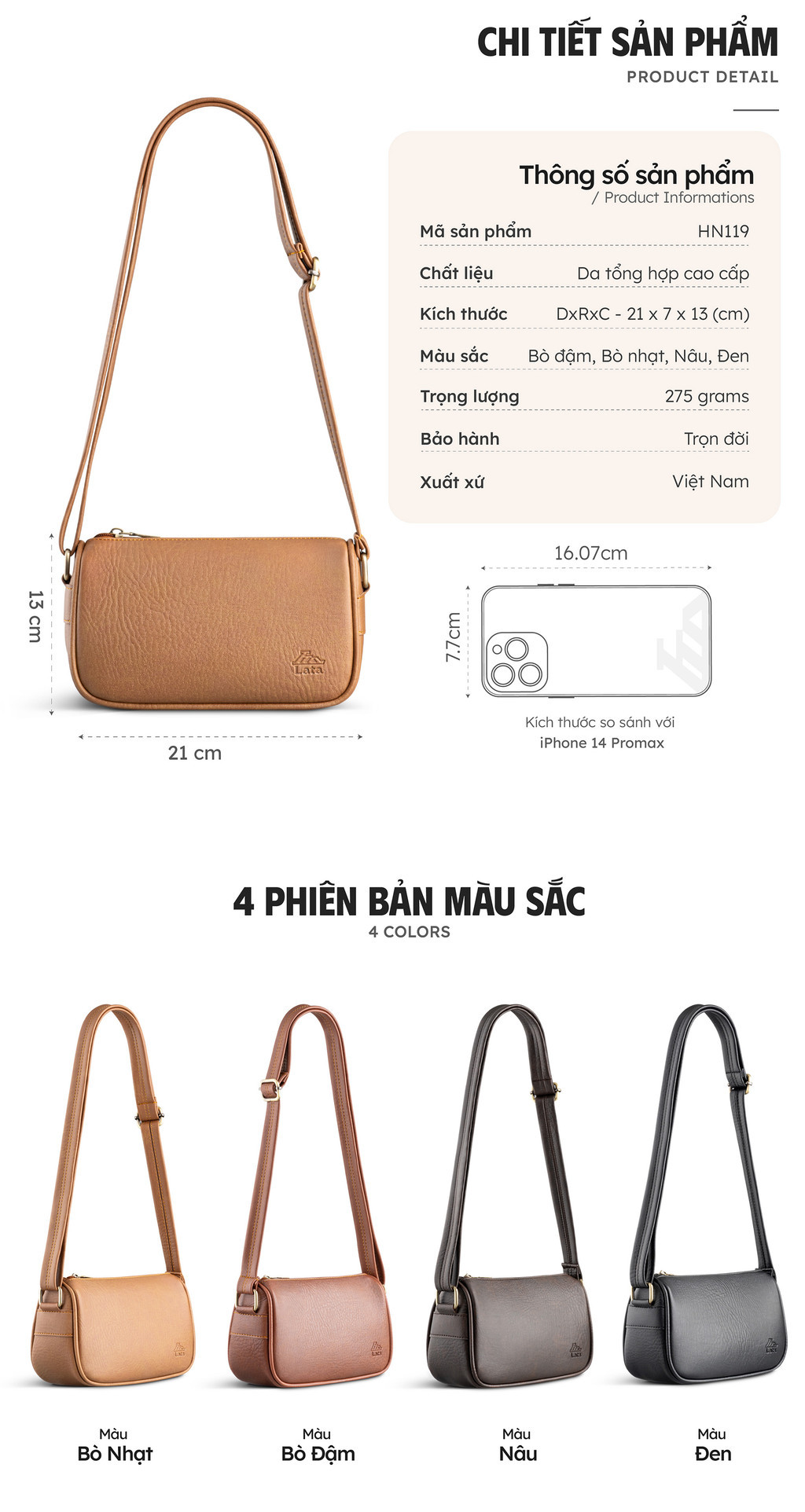 Mô tả Túi Lata (Thời trang nữ đi chơi size 21 - Túi đeo chéo da HN119) - 3