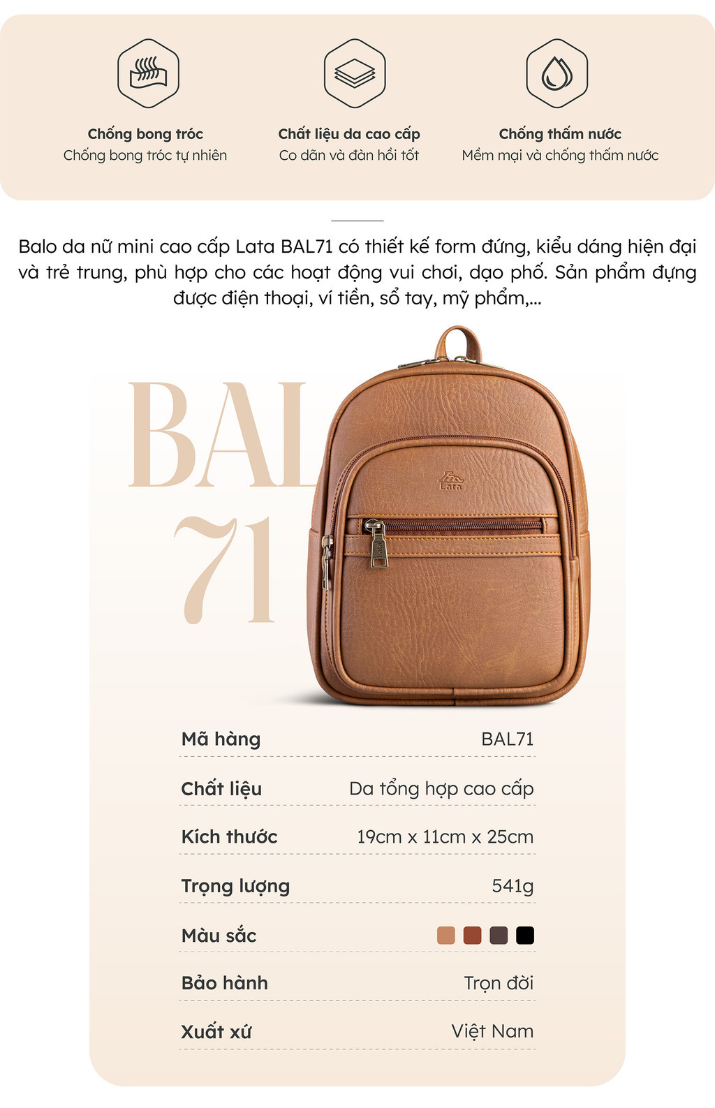 Mô tả Balo Lata (Thời trang nữ cá tính - Balo da BAL71) - 2