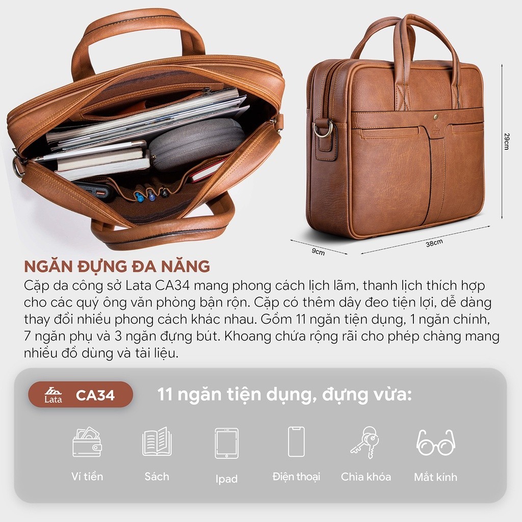 Mô tả Cặp Công Sở Lata (Thời trang nam basic đựng laptop 14.6 inch - Cặp da CA34) - 3