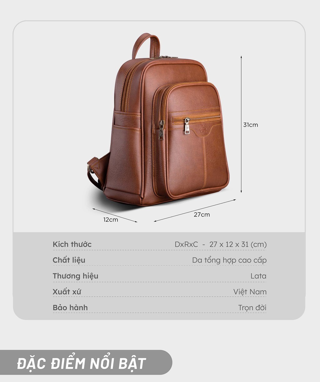 Mô tả Balo Lata (Thời trang nữ tiện lợi cỡ lớn - Balo da BAL40) - 3