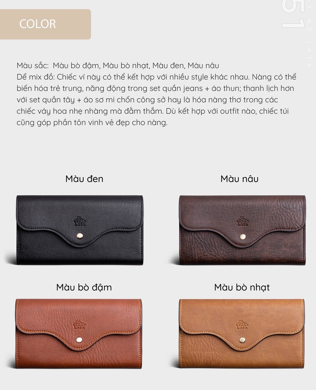 Mô tả Ví Lata (Thời trang nữ kiểu cầm tay dáng dài - Ví da VN51) - 6
