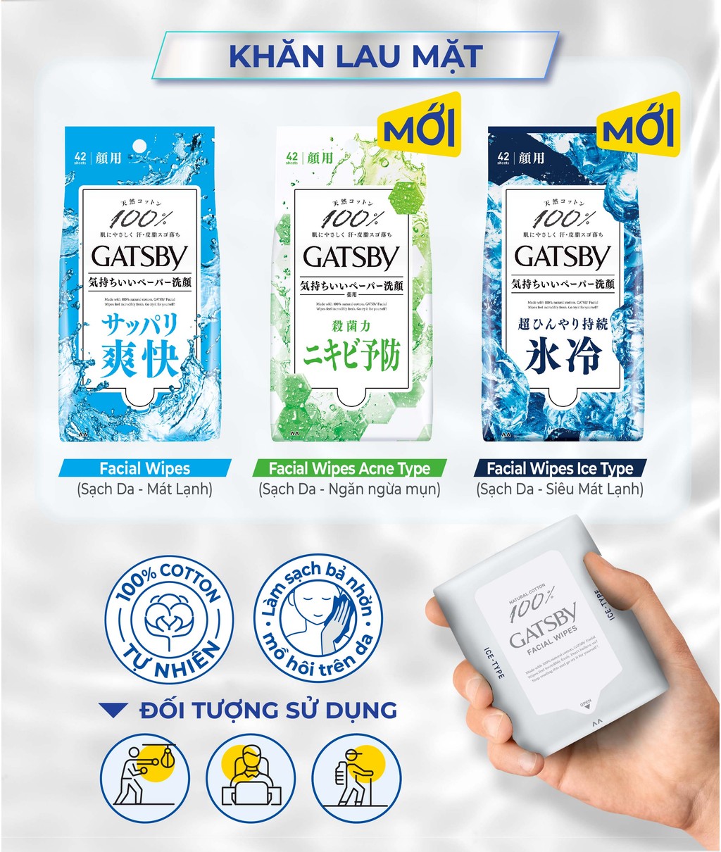 Mô tả Khăn lau mặt GATSBY Facial Wipes Ice Type S 100% cotton sạch da siêu mát lạnh 42 tờ - 1