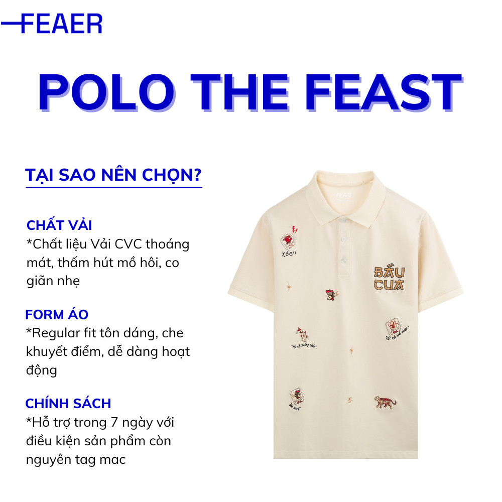 Mô tả Áo polo cổ bẻ The Feast tay ngắn, chất vải CVC thoáng mát, hình thêu trò chơi ngày Tết, dễ thương, năng động - FEAER - 1