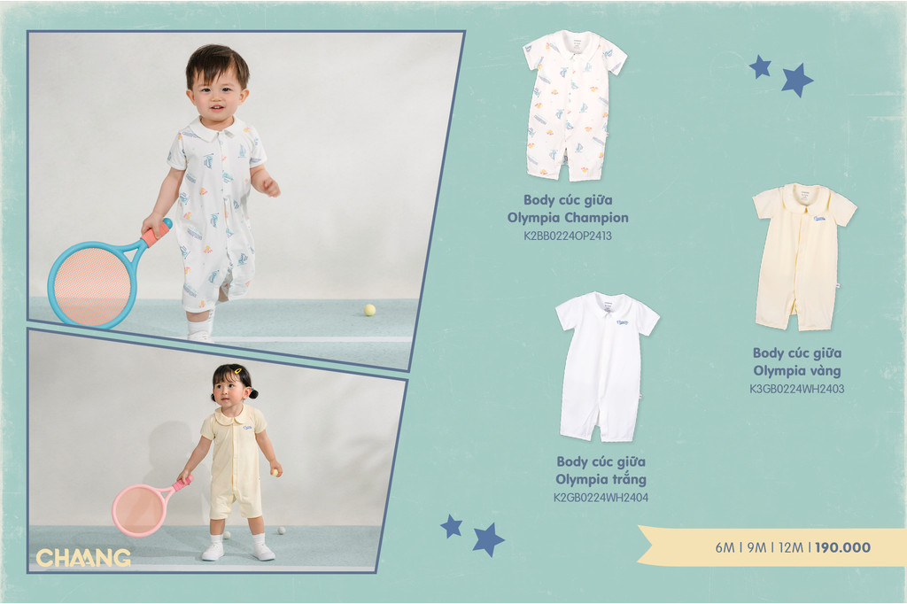 Mô tả Bộ body cộc tay cúc giữa Olympia cho bé gái và bé trai - 2