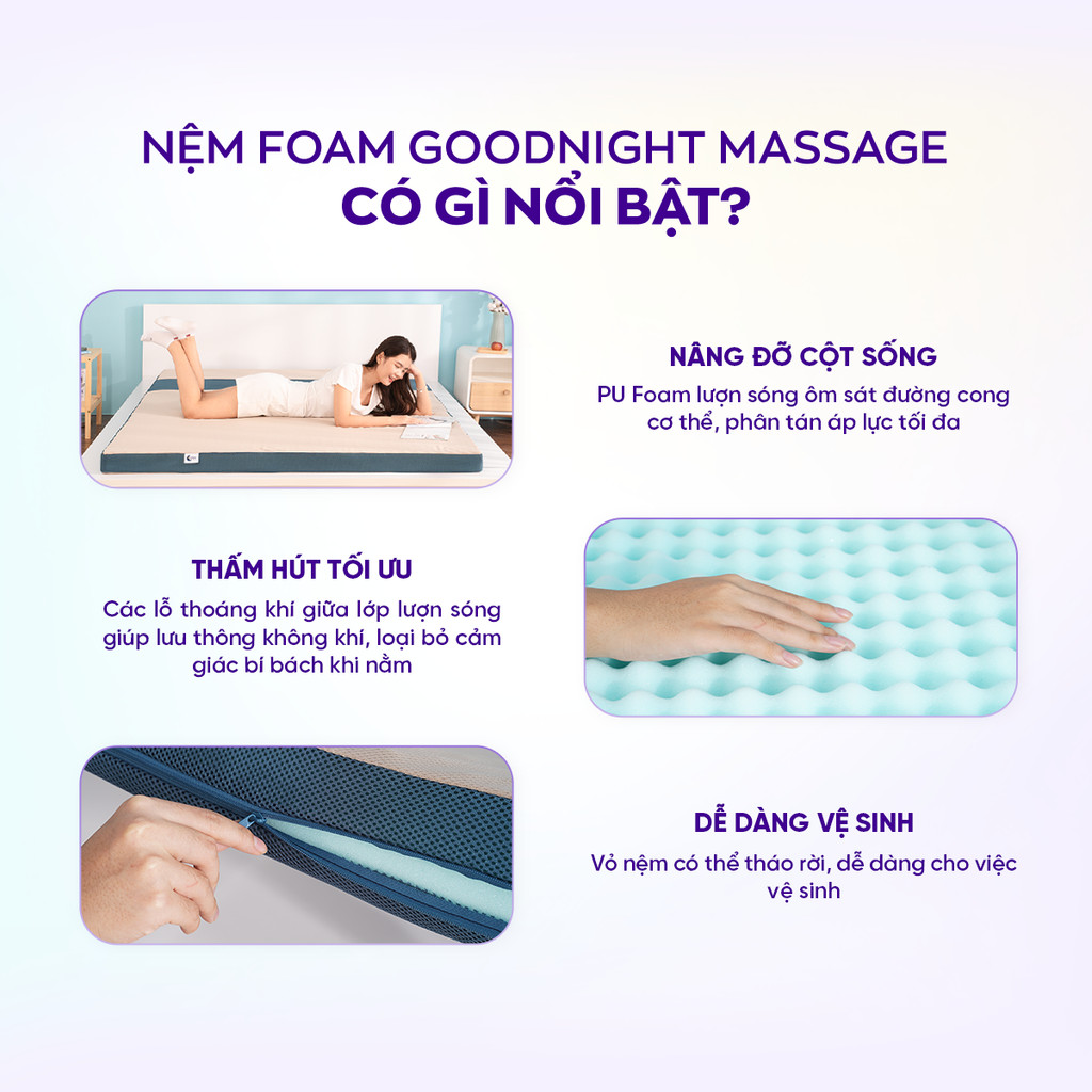 Mô tả Nệm Foam Cấu Trúc Lượn Sóng, Duy Trì Tư Thế Nằm Goodnight Massage 9cm - 3