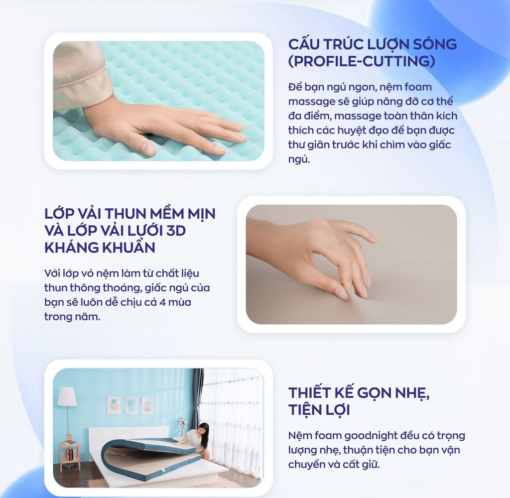 Mô tả Nệm Foam Goodnight Massage 9cm, Đệm Foam Vua Nệm, Cấu Trúc Lượn Sóng, Duy Trì Tư Thế Nằm, Chứng nhận CertiPur-US - 4