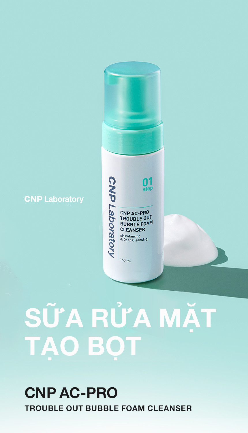 Mô tả Sữa rửa mặt tạo bọt cho da mụn nhạy cảm sạch sâu bã nhờn CNP AC Pro Bubble Foam Cleanser 150ML - 1