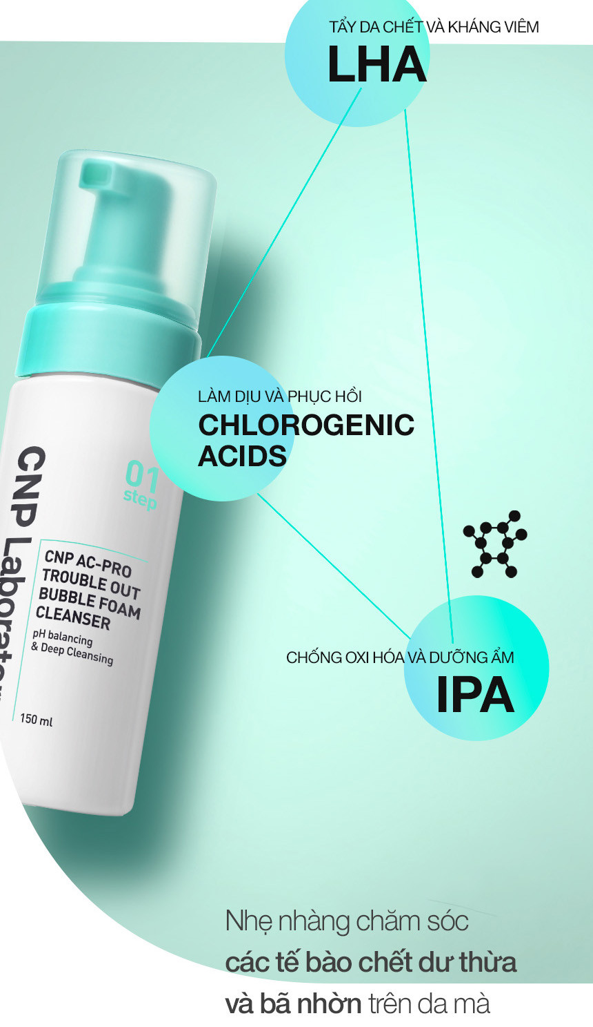 Mô tả Sữa rửa mặt tạo bọt cho da mụn nhạy cảm sạch sâu bã nhờn CNP AC Pro Bubble Foam Cleanser 150ML - 4