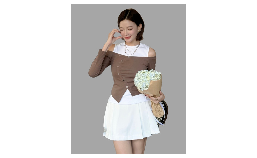 Mô tả Áo Kiểu Trễ Vai Phối Hai Items Tay Dài Cổ Tròn Cut out Chất Thun Bozip BBSTORE'S  -A4192Q - 1