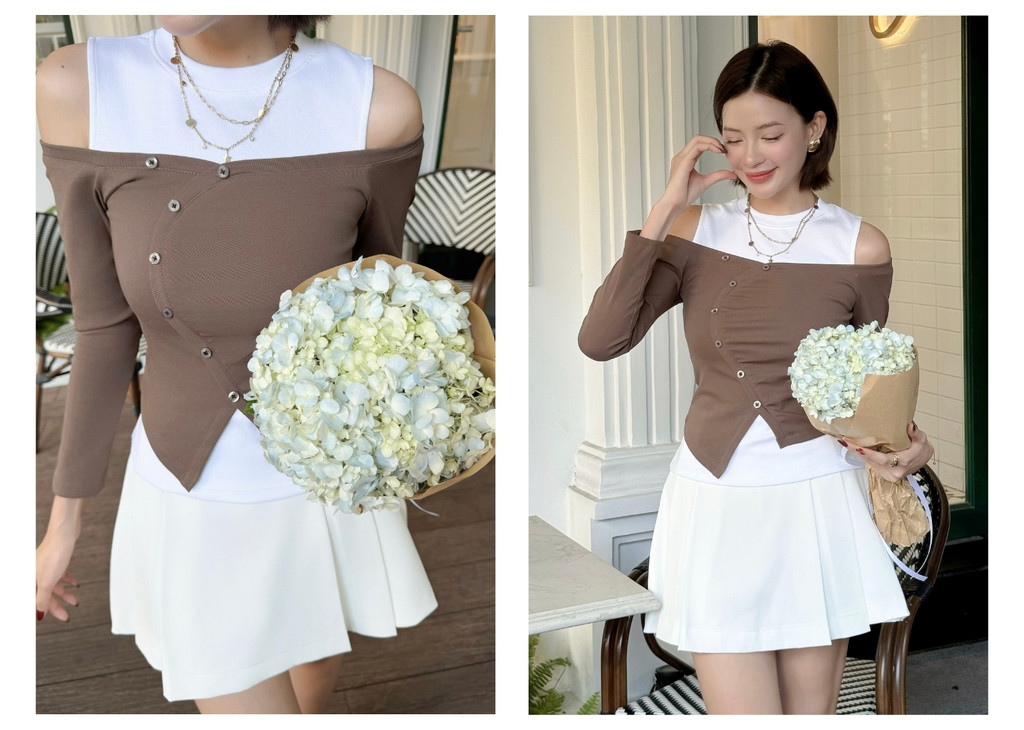 Mô tả Áo Kiểu Trễ Vai Phối Hai Items Tay Dài Cổ Tròn Cut out Chất Thun Bozip BBSTORE'S  -A4192Q - 6