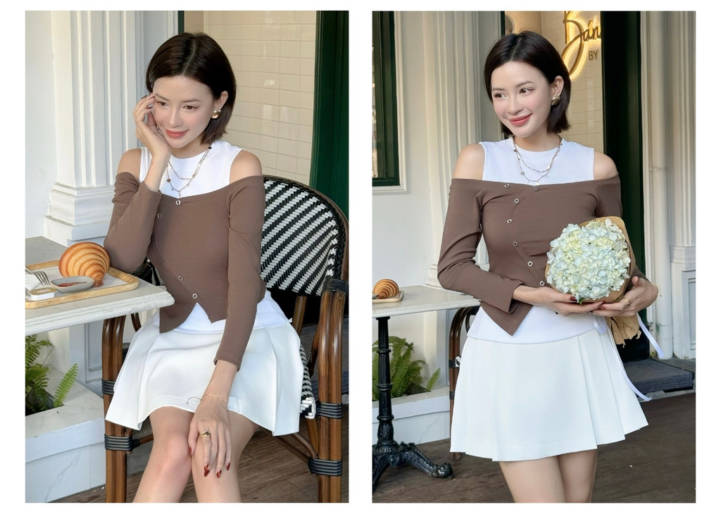 Mô tả Áo Kiểu Trễ Vai Phối Hai Items Tay Dài Cổ Tròn Cut out Chất Thun Bozip BBSTORE'S  -A4192Q - 7