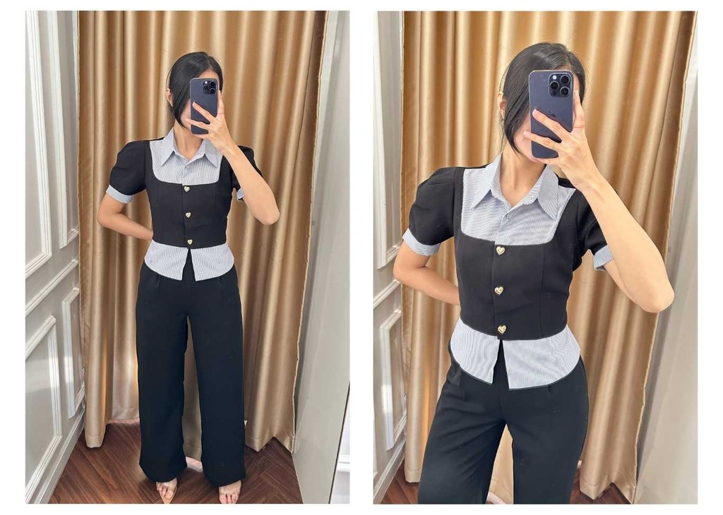 Mô tả BBSTORE’S Áo Kiểu Tay Ngắn Phối Sơ Mi Thanh Lịch - A3773A - 6