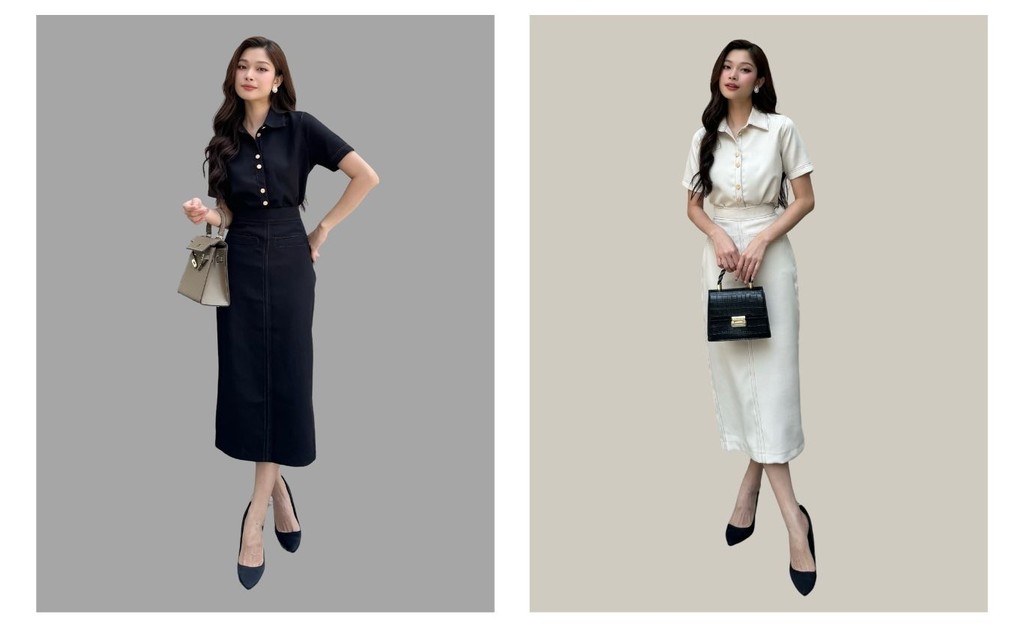 Mô tả BBSTORE’S Set Áo Sơ Mi Phối Chân Váy Suông Dài Thanh Lịch - K3265 - 1