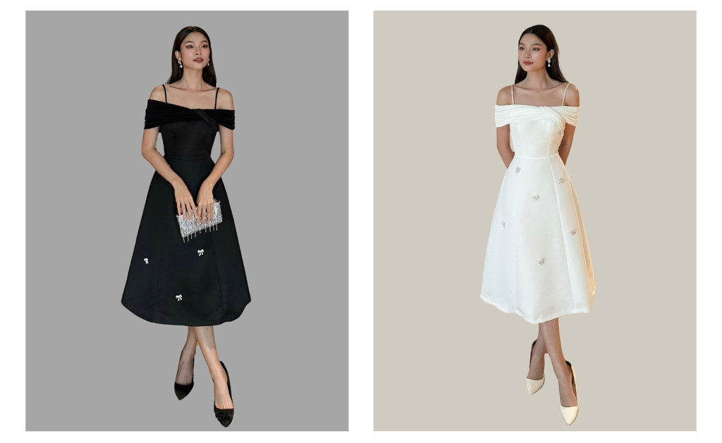 Mô tả BBSTORE’S Đầm Dài Dự Tiệc 2 Dây Trễ Vai Phối Nơ Đá Sang Trọng - D3054 - 1