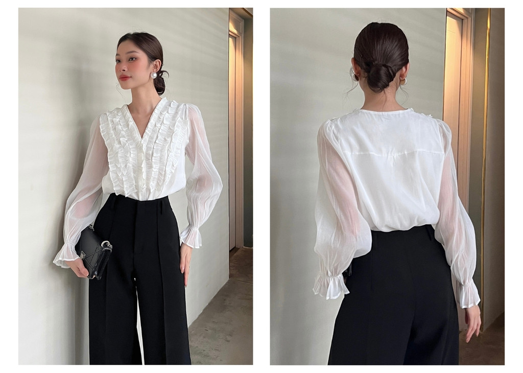 Mô tả Áo Sơ Mi Tay Dài Cổ V Nhún Bèo BBSTORE'S -A2231 - 5