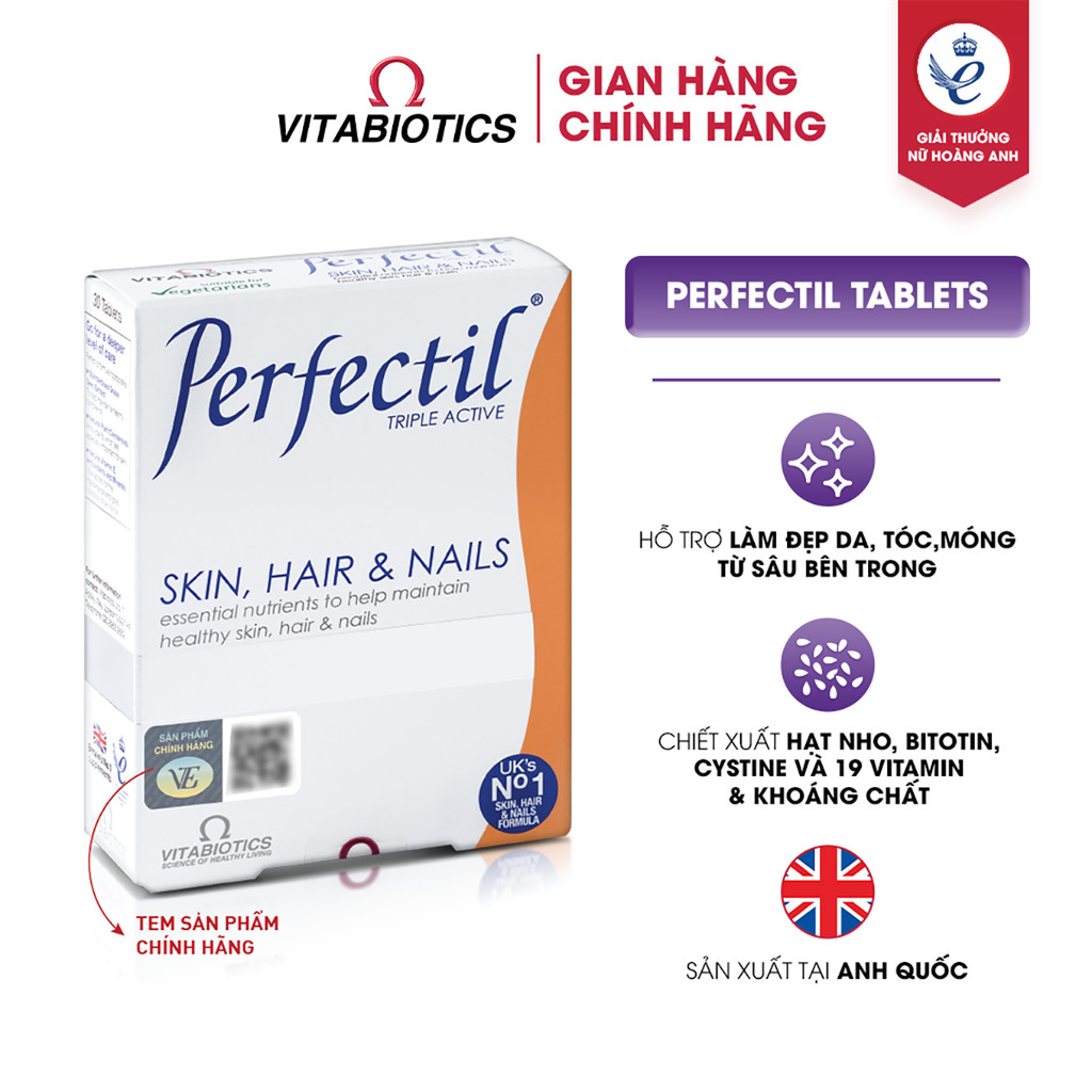 Mô tả Viên Uống Làm Đẹp Da, Tóc & Móng Vitabiotics PERFECTIL Bổ Sung Biotin Và Vitamin Ngừa Oxy Hóa Hộp 30 Viên - 1